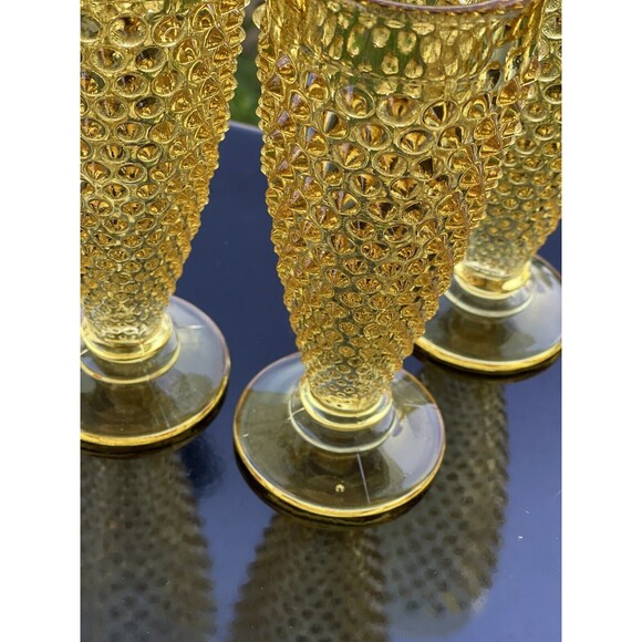 4‎ L.E. Smith Hobnail 8oz Glasses Footed Pedestal Wine Parfait Yellow Gold Amber - Picture 3 of 13
